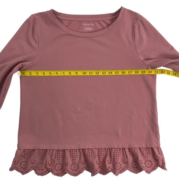 Talbots Women’s Dusty Rose Pink Long-Sleeve Top, Lace Eyelet Ruffle Trim, Size L - Picture 9 of 11